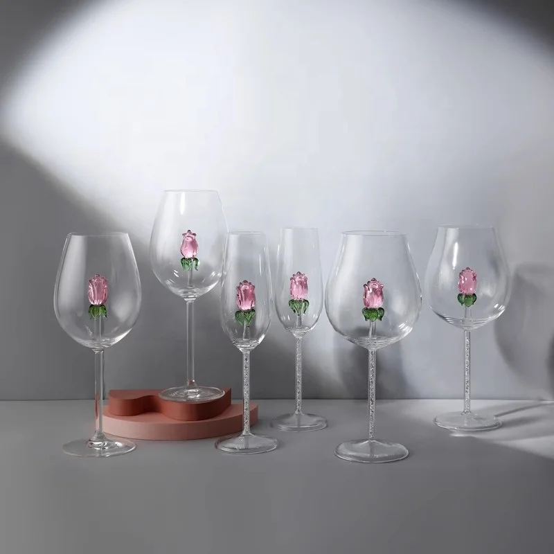Handmade Transparent 3D Rose Inside Red Crystal Glasses