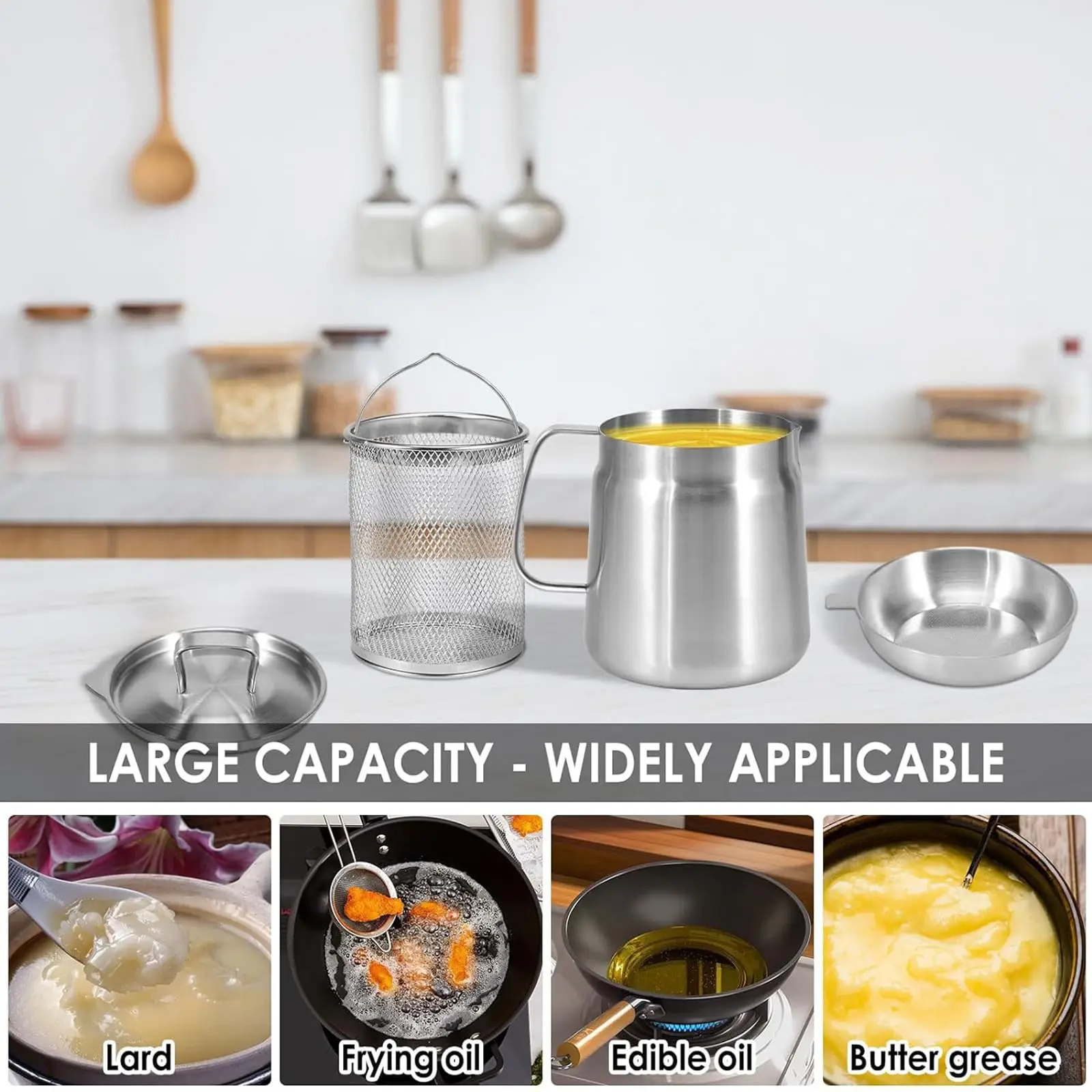 2 in 1 Oil Strainer Pot Heavy Duty Frying Net Cooking Oil Container 304 Stainless Steel Oil Filter Pot With Strainer
