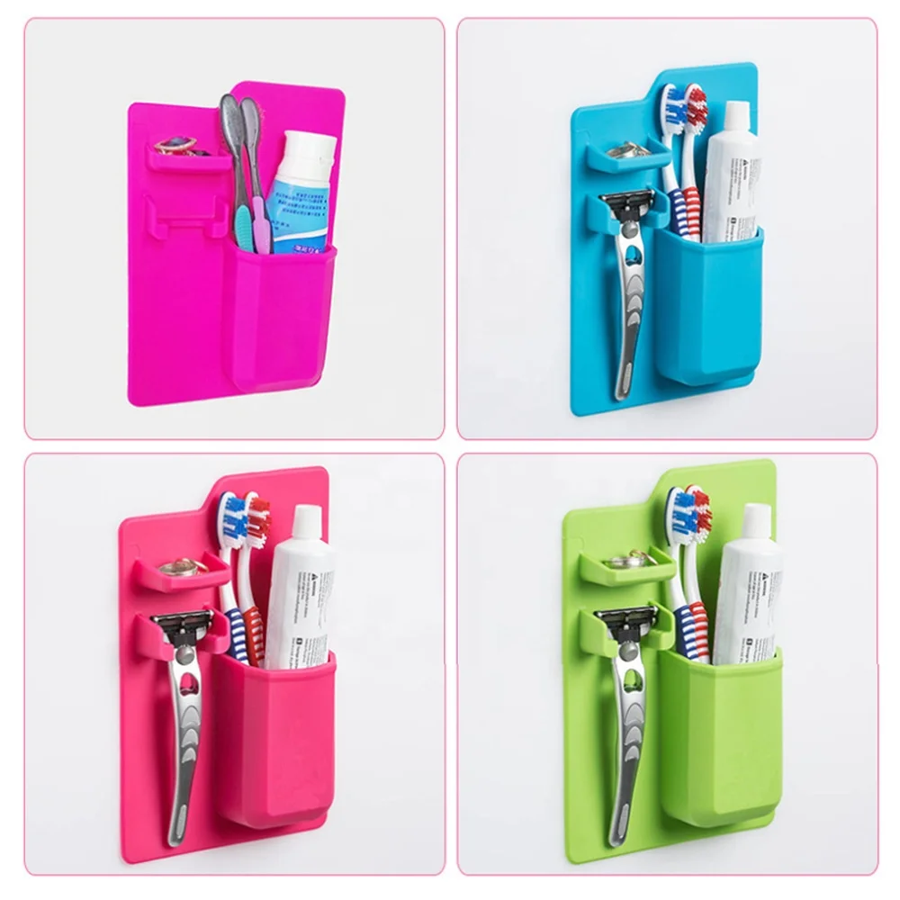 2024 Toothpaste Razor Holder  Wall Mounted Bathroom Storage Organizer Silicone Toothbrush Holder