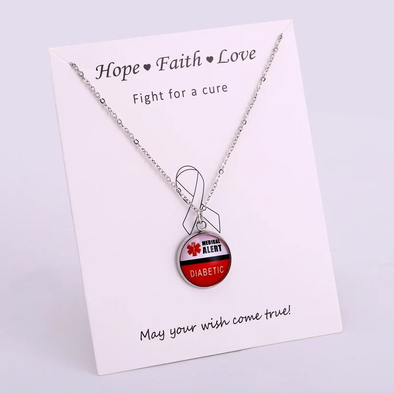 Medical Alert Diabetic Type 1 Type 2 Diabetes Awareness Ribbon Design Necklace Stainless Steel Base Crystal Pendant Necklace
