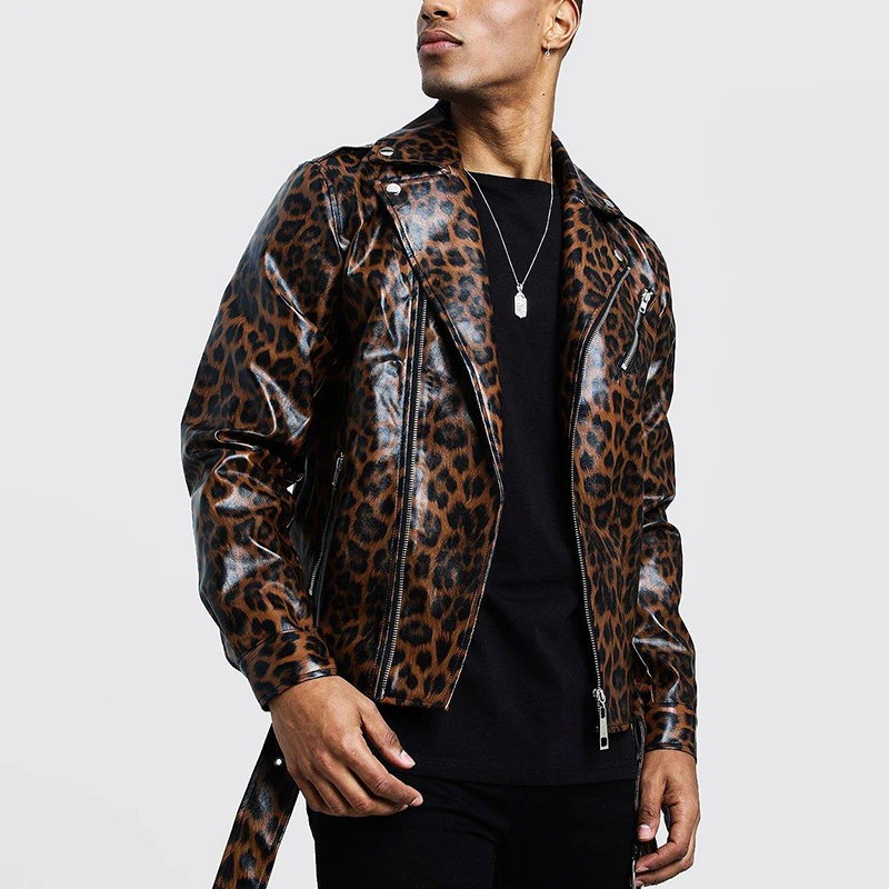 Source Promotional stylish men leopard print faux leather biker