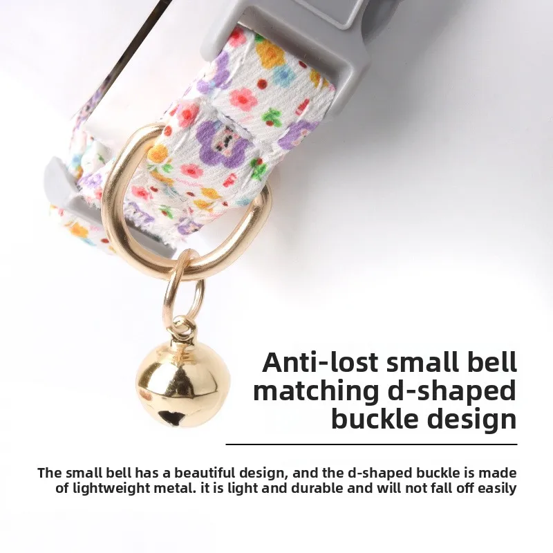 Small Floral Print Japanese and Korean Bell Anti-Lost Cat and Puppy Collar Cute Cross-Border Style for Dogs Made of Polyester