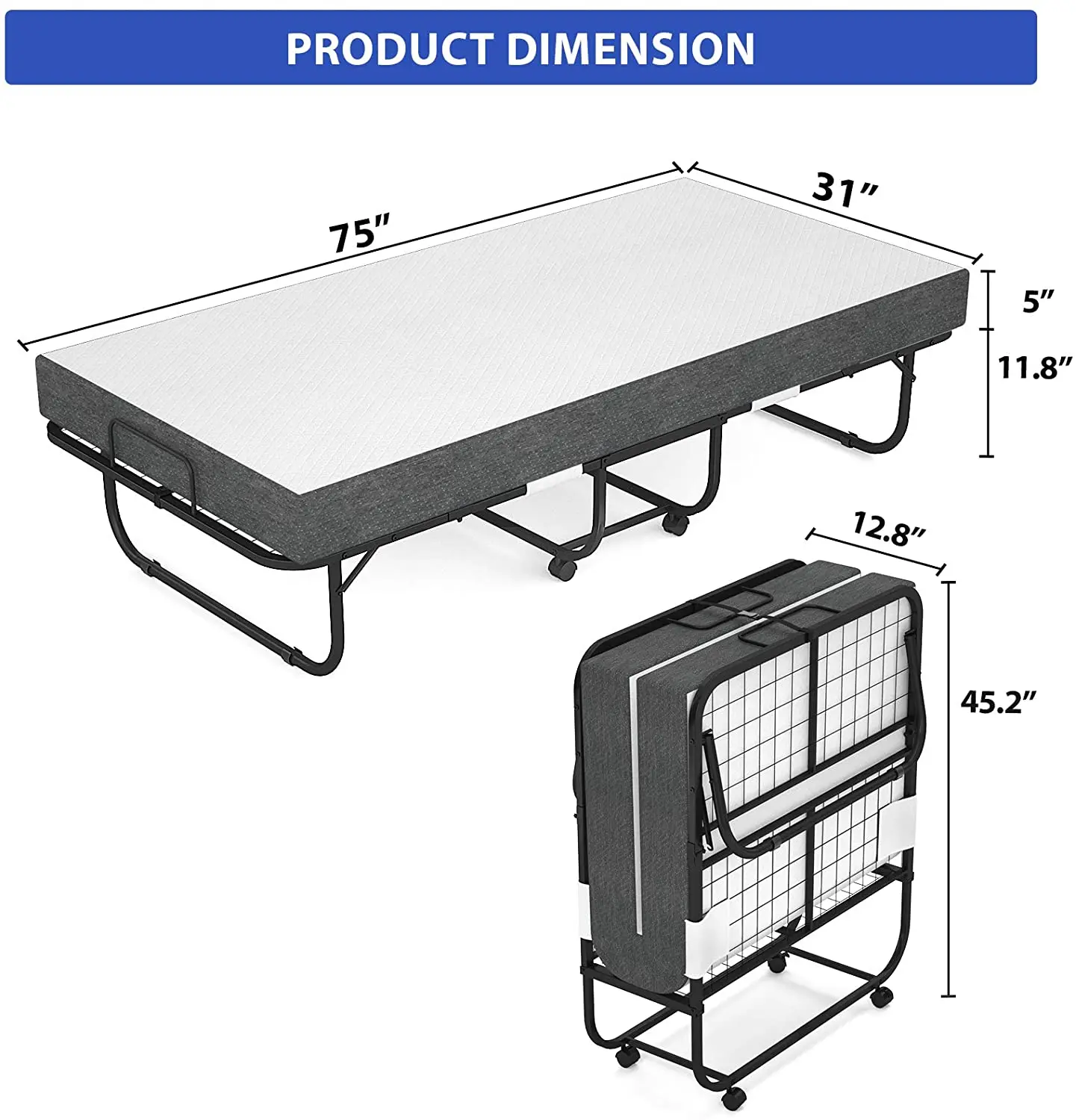 Bedroom Furniture Metal Frame Folding Bed With Wheel Rollaway Bed With ...