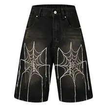 Men Ripped Spider Web 3D Embroidery Vintage Fade Wash Oversize Denim Jean Shorts Baggy Jorts Men