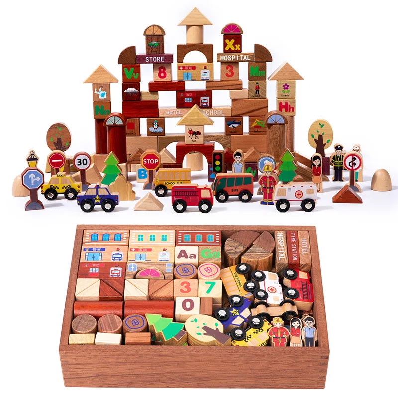 118-Piece Unisex Wooden Urban Transportation Themed Building Blocks Set Creative Educational Stacking Toys for Toddlers