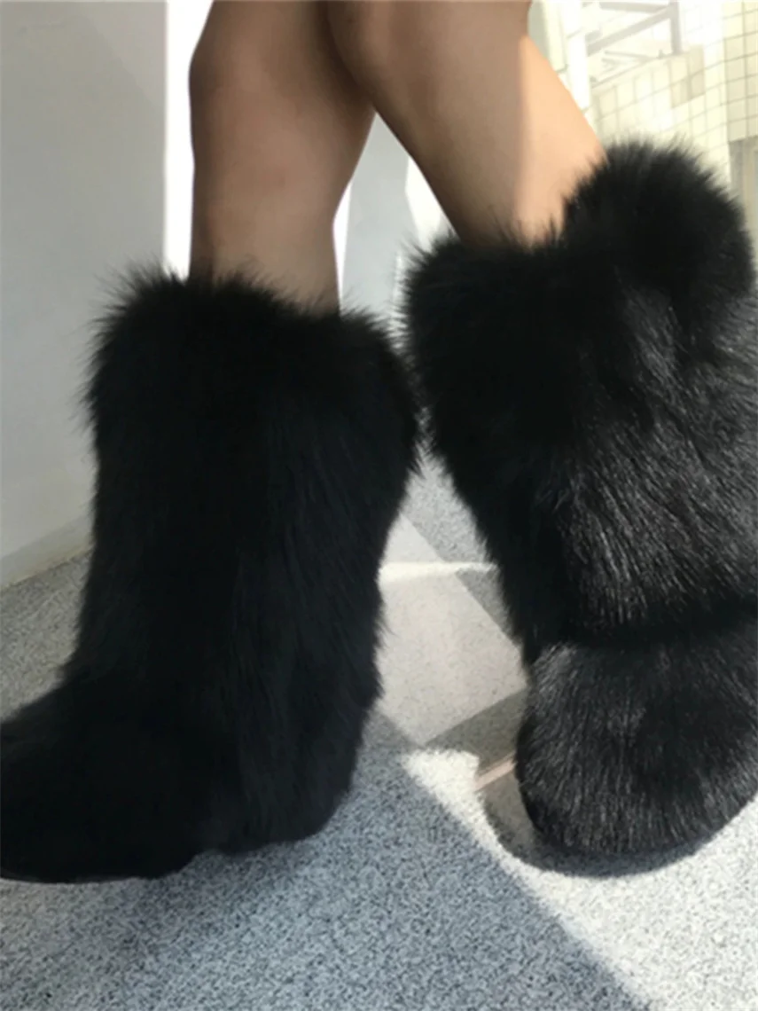 Fox Fur Flat High-top Snow Boots Black White Leapord pink Blue Brown fox Fur Boots Women Natural Fur Boot Winter