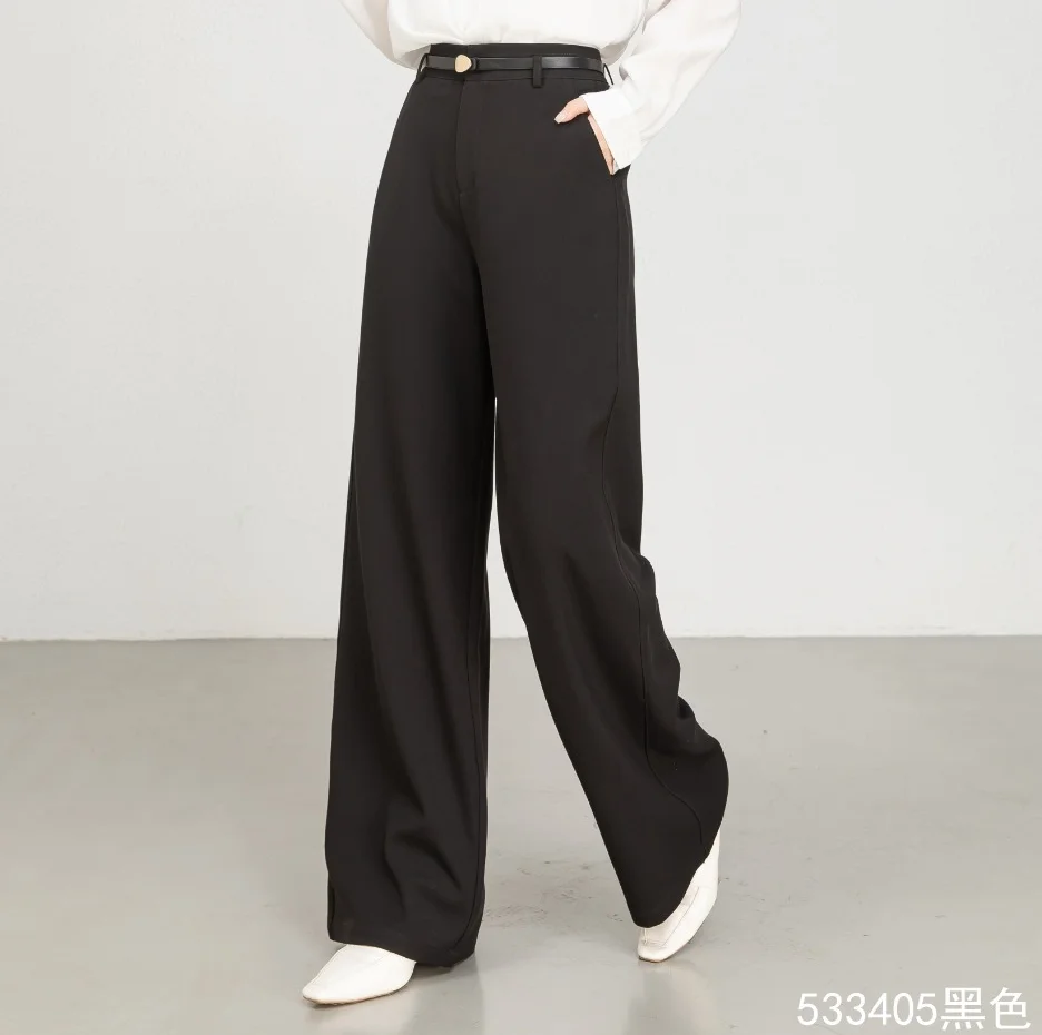 Lady's High-Waisted Wide-Leg Fall/Winter Office Pants-Breathable Plain Dyed Solid Color Long Straight-Leg Style for Women