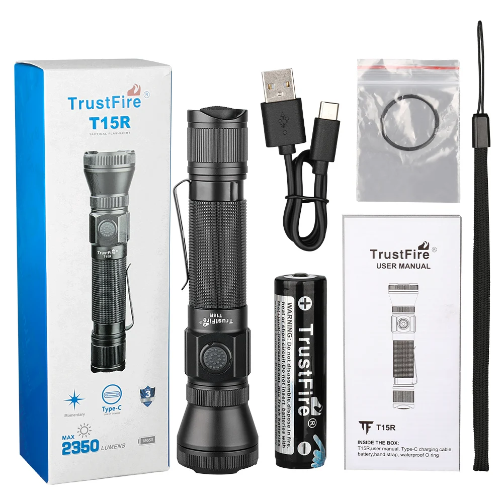 TrustFire T15R High Power 2350LM LED Climbing Torch Light 310M Long Distance IP68 Waterproof USB C 18650 Tactical Flashlight