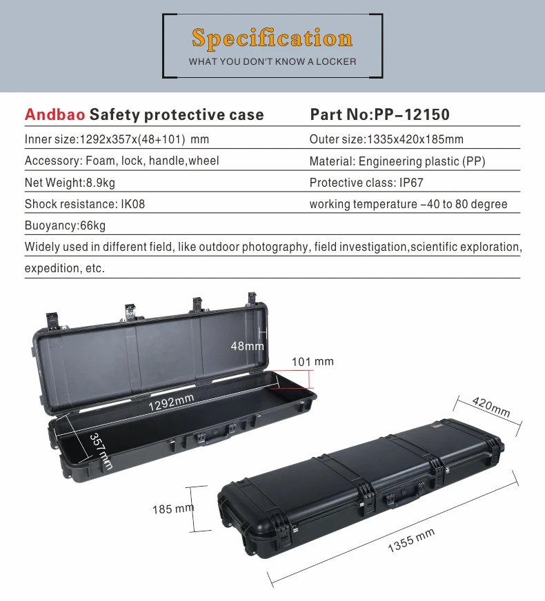 Wholesale Ip67 Hard Hand Plastic Carrying Box Case With Foam Long Black