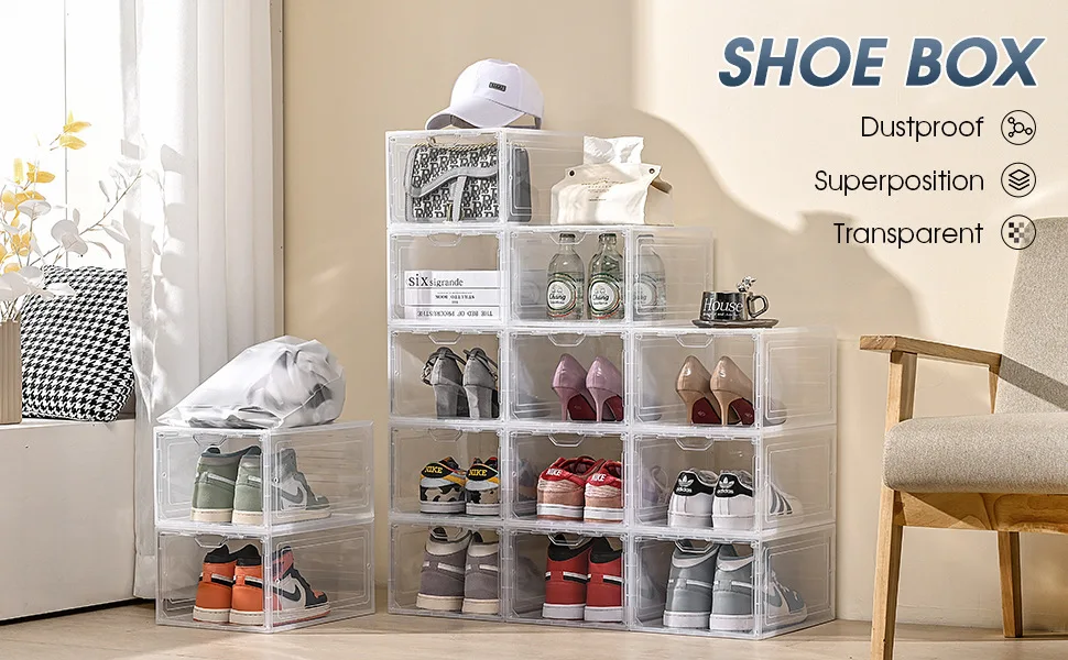 33.5*25*18cm Transparent Plastic Acrylic Shoe Box Square Foldable Anti-Oxidation Sneakers Storage Wall Cabinet with PP Plastic