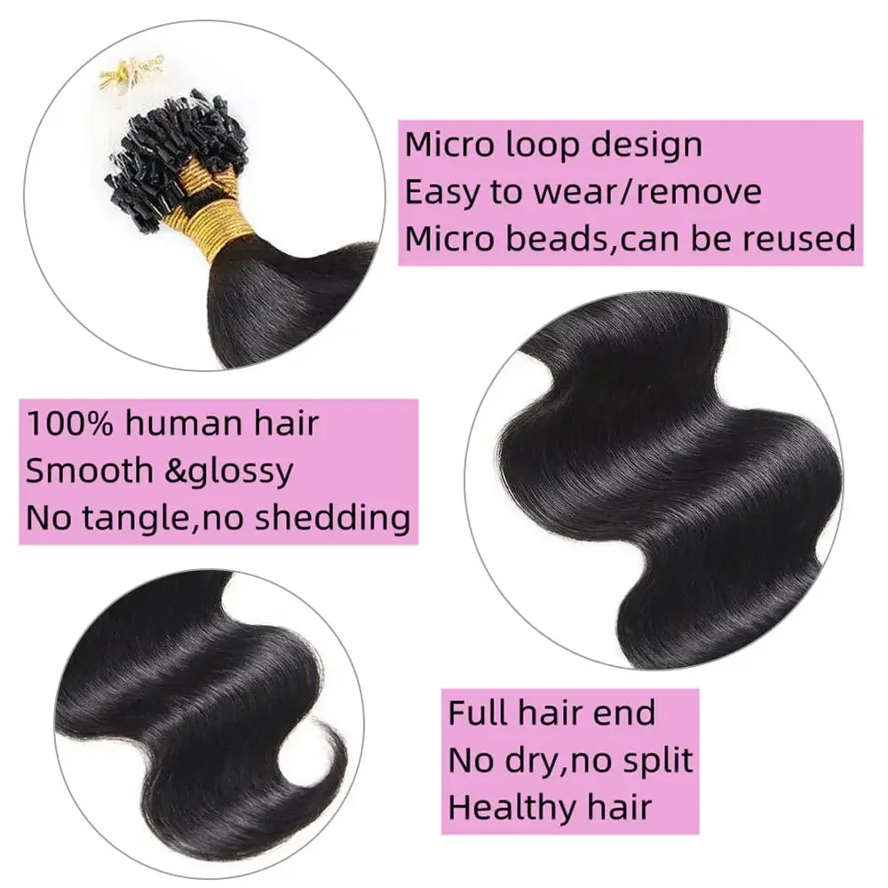 Body Wave Micro Loop Echthaar-Extensions, brasilianisches Remy-Haar, 100 Strähnen, 100 g_voghion.com