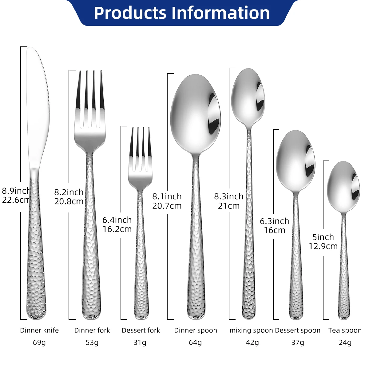 Middle East Silverware Restaurant Cutlery High Quality Stainless Steel Hammer 7/28/128 Pcs Spoon Fork Knife Silver Flatware Set