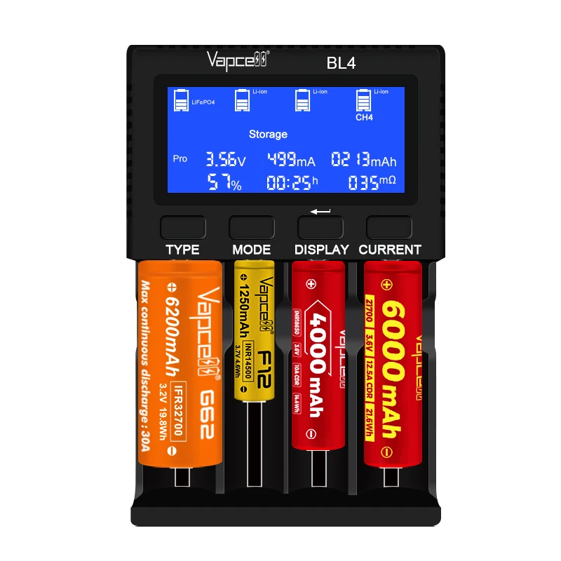 Vapcell BL4 9V2A Fast Smar Charger 4 Slot Bay Charging for 1.5V 3.7V Li-ion  3.2V LIFEPO4 Rechargeable Battery
