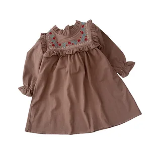 Wholesale Children's Clothing French Embroidered Flower Stand Collar Dress for Girls Long Sleeves Ruffles Striped Summer Dress