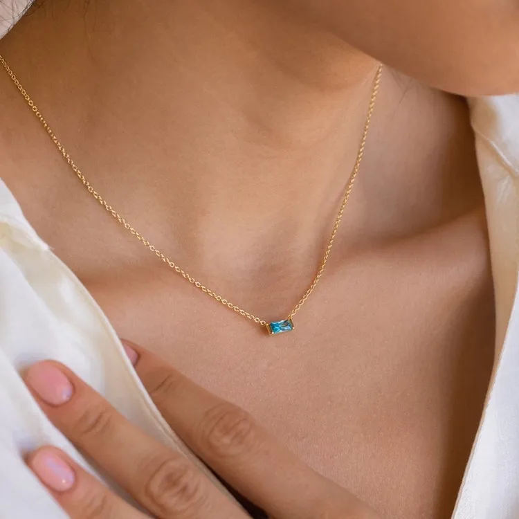 Dainty Minimalist 18k Gold Plated 925 Sterling Silver baguette Cz Diamond Birthstone Pendant Necklace Wholesale