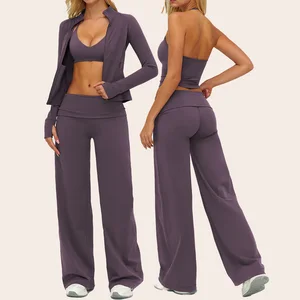 4pcs Newest Customized Women's Solid Color Sports Set Long Sleeved Fitness Yoga Sets ActivityWear Jacket Backless Padded Bra