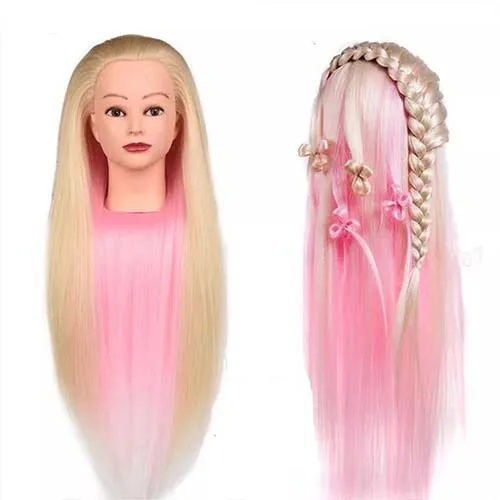 Colorful wig head model for practice braiding and updo hairstyles