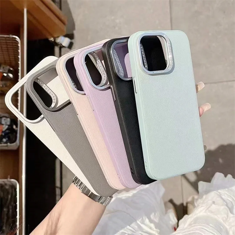 Custom LOGO Metal Lens Frame Shockproof Armor Leather Phone Case for iPhone 16 15 14 13 12 11 Pro Max