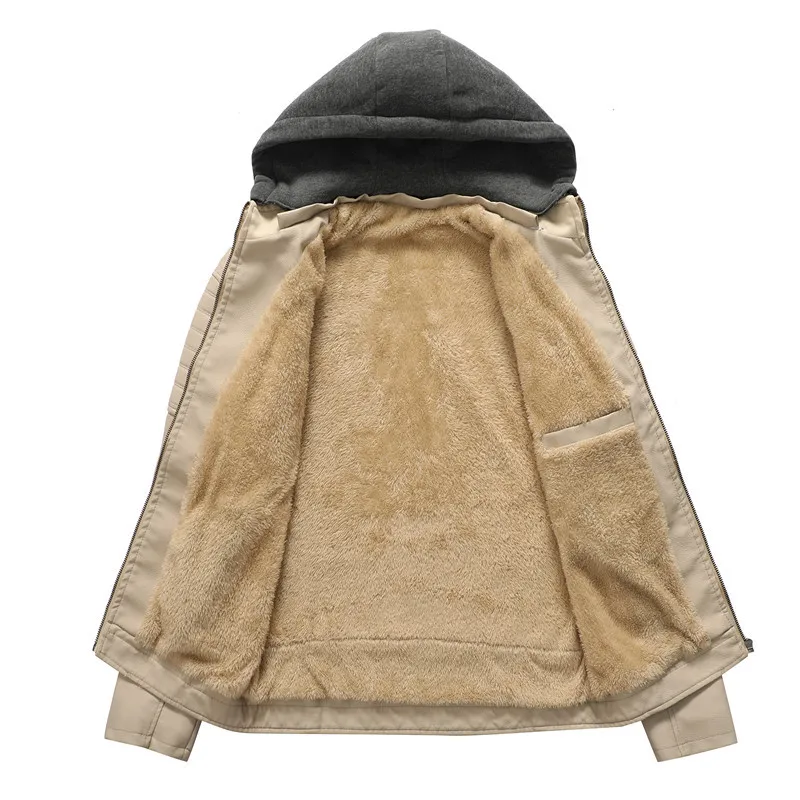 Autumn and winter stand collar casual youth zipper zipper plus fleece spot hooded men's coat leather