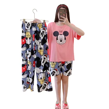 Direct manufacturer round neck cotton comfortable printed loose home clothes three piece pajamas
