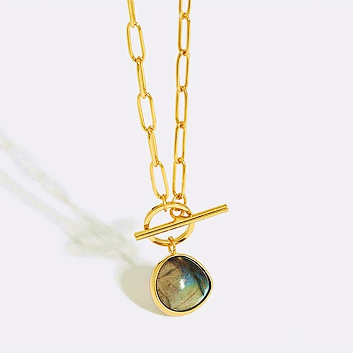 Natural Labradorite Gemstone Charm Thick Paperclip Toggle Chain 18k Gold Vermeil Jewelry 925 Sterling Silver Necklace for Women