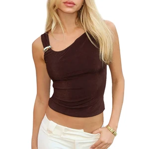 Slim Sexy Beautiful Brown Women's Satin Top with Slant Shoulder Sleeveless Design Breathable Short Length Tank Top Square Collar