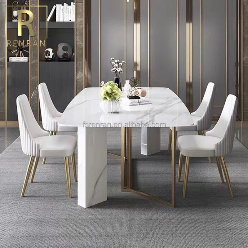 Modern Home Furniture Rectangular White Marble Top Dining Table Set 6 ...