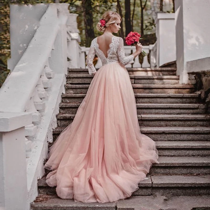 Long Sleeves Pink Wedding Dresses V ...