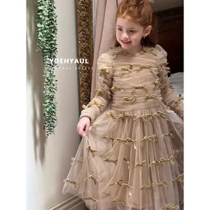 YOEHYAUL 25168 Girls Party Dress Tulle Princess Maxi Dress 3D Bow Wrap Lace Splicing Ruffle Smocked Dress for Toddlers