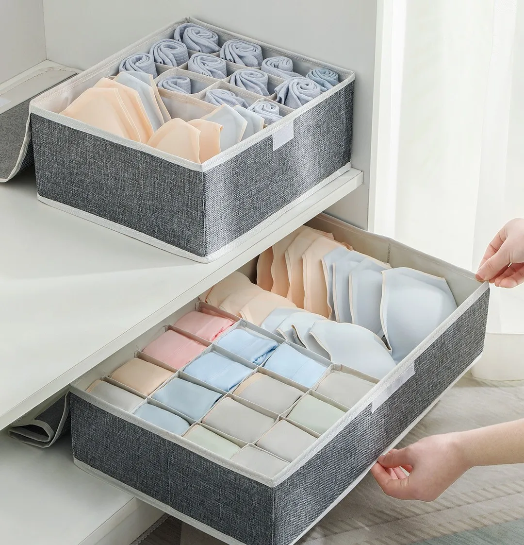 Hot Selling Folding Home Use Washable Cotton Linen Organizer Multi Grid Underwear Socks Storage Box