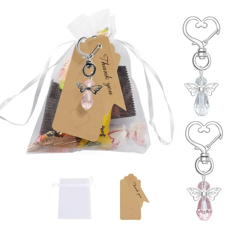 Amajoy 50Pack Guardian Angel Llaveros Lucky Charm Colgantes con bolsas de organza y tarjeta de agradecimiento Favor de boda Baby shower Favor Regalo de Navidad 