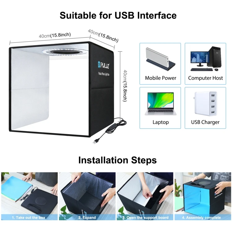 
 Портативный складной лайтбокс PULUZ для фотостудии, 40 см, 144 светодиодов, 6 цветов  