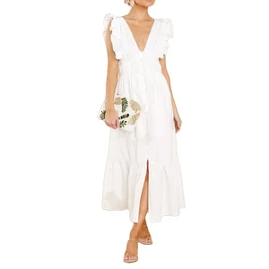 Custom High Quality  Summer Causal Dress Ladies Summer White Decoration Solid Women Casual Style With Sexy Maxi Dresses