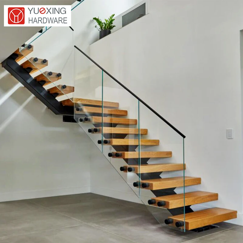 Modern Wood Tread Single Stringer Staircase High Quality Indoor Glass Step Straight Stairs