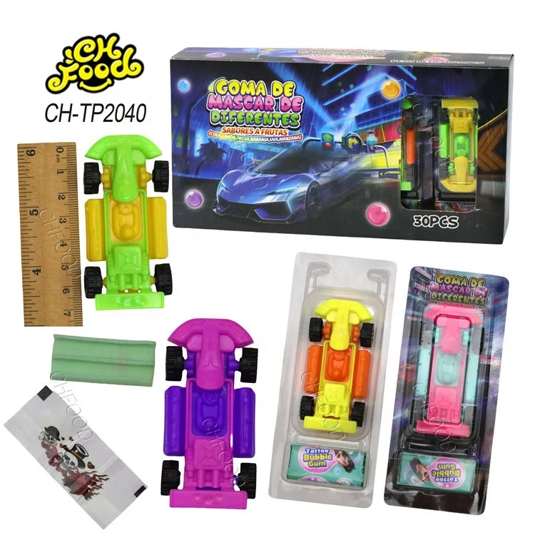 Kids Candy Toy Wholesale and Custom Private Label Tattoo Bubble Gum With Small Plastic Toy Car Racing Toy Candy