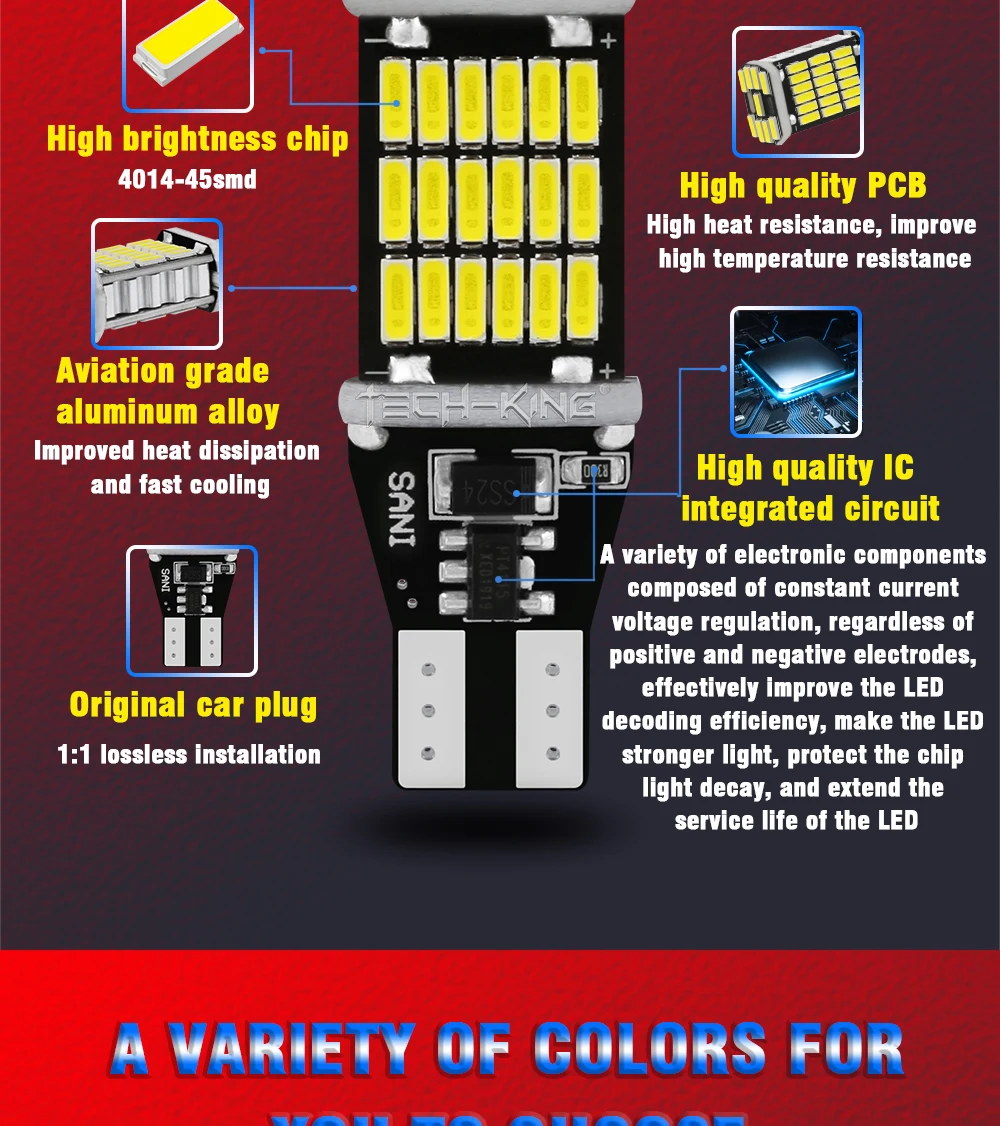 TECH-KING Auto and Motorcycle High Power T15 12v-24v Led Light W16W 4014 45smd Led T15 Yellow White Red SX279 Reversing Lights