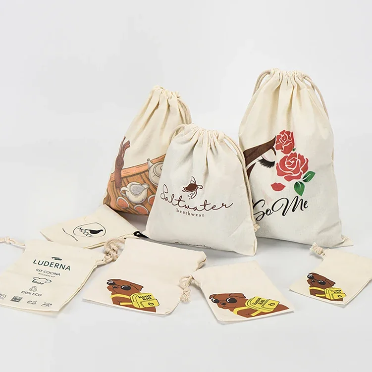 Custom Logo Printed Recycled Canvas Jewelry Ring Storage Pouch Luxury Soft Drawstring Dust Bag for Women Reusable for Promotion factory