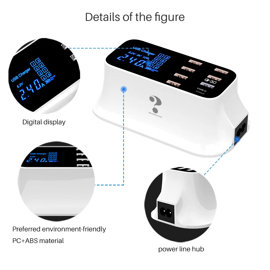 Smart Power Quick Charge 8 USB Charging Ports Usb Charger Hub with LED Display Screen