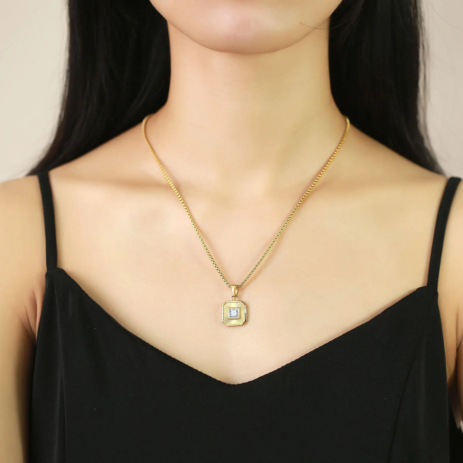 Stainless Steel Zircon Pendant Necklace - 18K Gold Plated