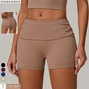 YISHENHON Foldable Waistband Quick Dry Gym Yoga Shorts Women's High Waist Exercise Hip Lift Running Fitness Short Pants