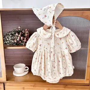 Summer Muslin Baby Clothes Crepe Printed Cherry Jumpsuits Princess Pure Cotton New Born Baby Girl Rompers
