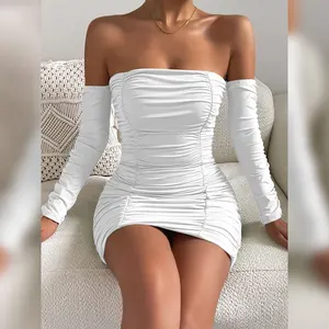 New Arrival Sexy Clubwear Ruched Cold Shoulder Sleeve Bodycon Mini Ladies Wear Dress