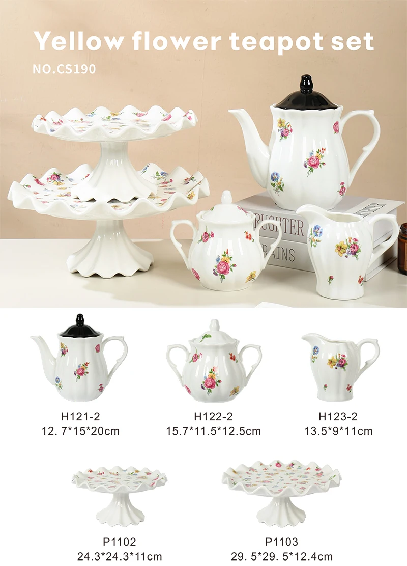 product wholesale luxury luxurious party modern floral ceramic porcelain cake plate stand teapot sugar container tableware-1