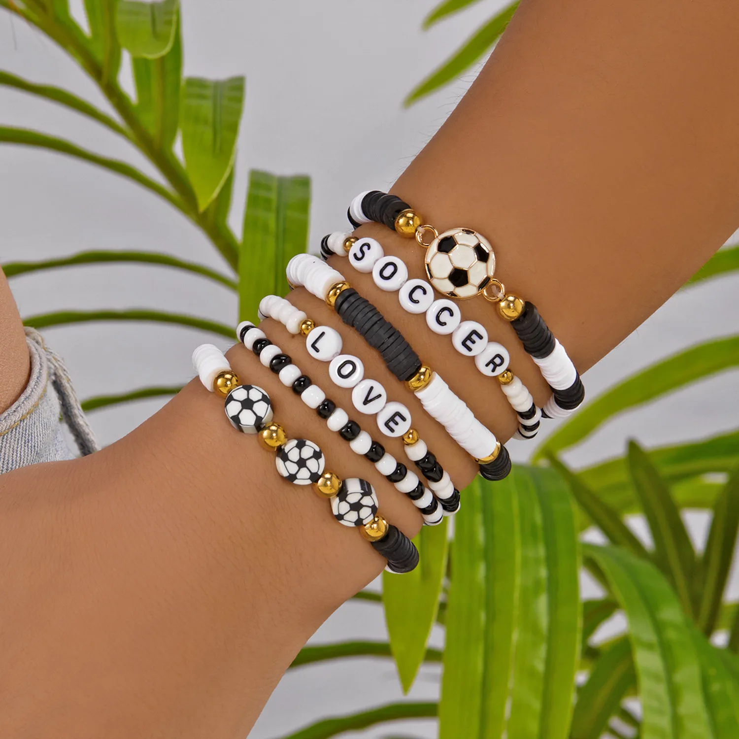 For Beaded Football Ball Soft Ceramic Bracelet 6-piece Set Sports Theme LOVE SOCCER for Men and Women