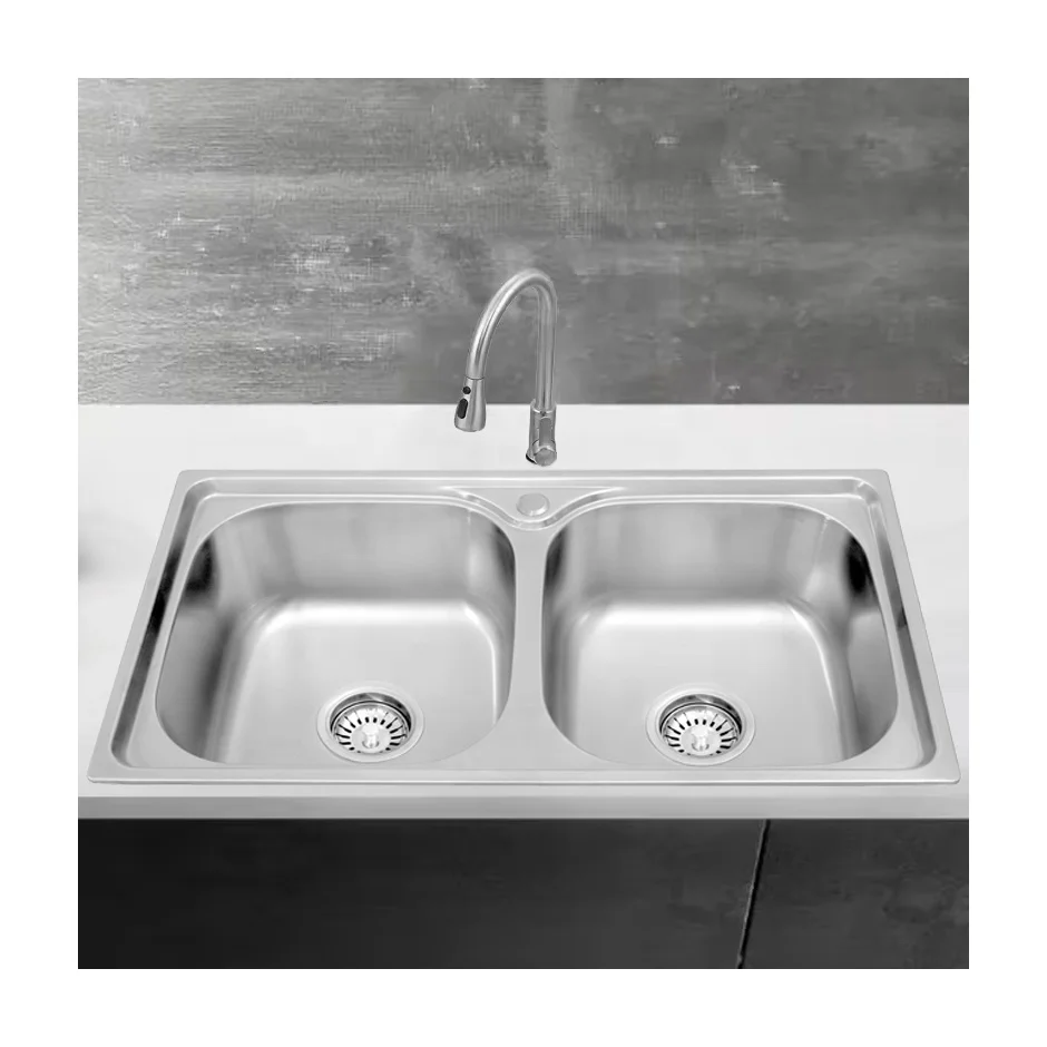 78x43cm Fregaderos De Cocina Stainless Steel Kitchen Sink Double Bowl Heat Press Water Tank Kitchen Storage with Faucet Hole