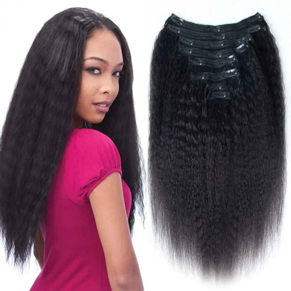 Extension per capelli umani con clip, lisci e crespi, neri, testa piena, 120 g, 8 pezzi, 18 clip, 10-26 pollici, colore 1B_voghion.com