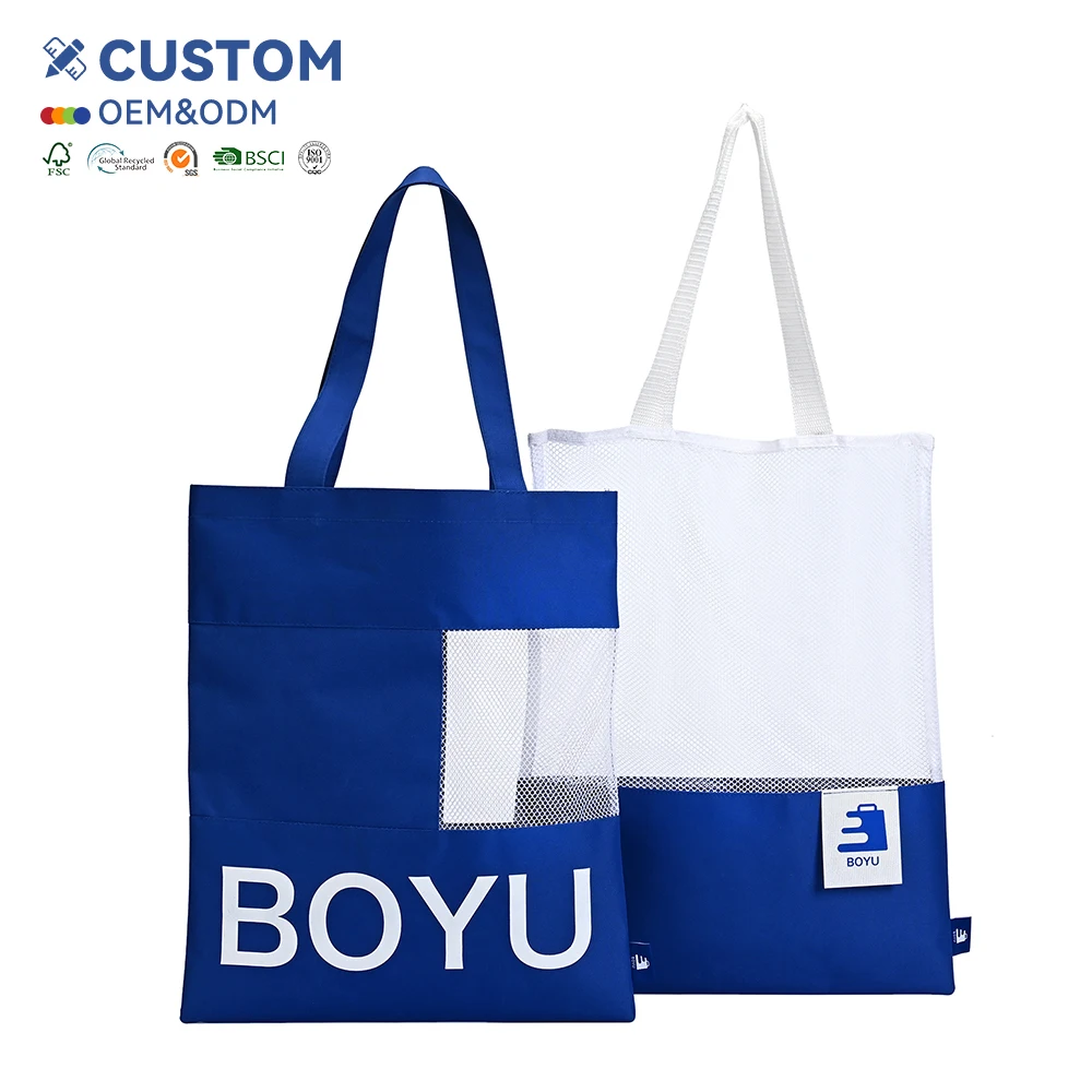 Wholesale Eco Friendly Shopping Grocery Hand Shoulder Blue Work Reusable Personalized logo Polyester Bag with logo