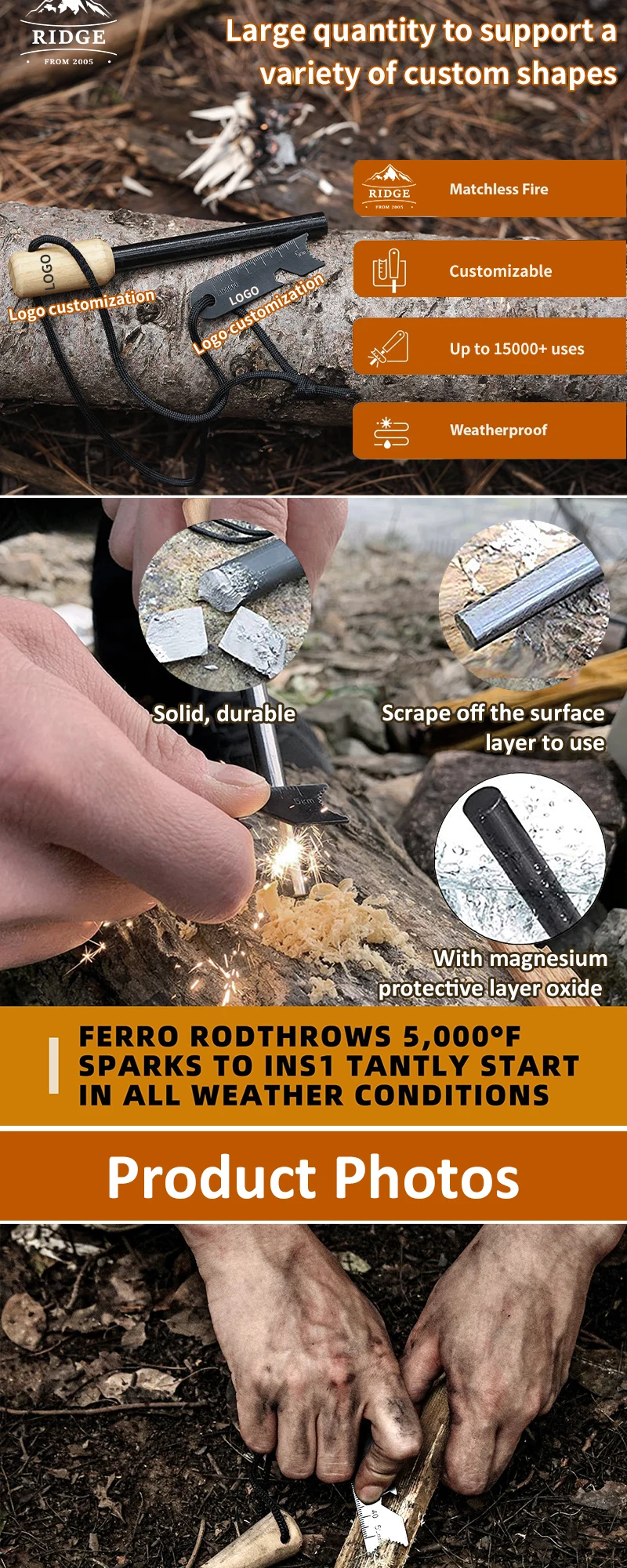 10 Inch Waterproof Magnesium Ferro Rod Fire Starter Flint Up To 15000