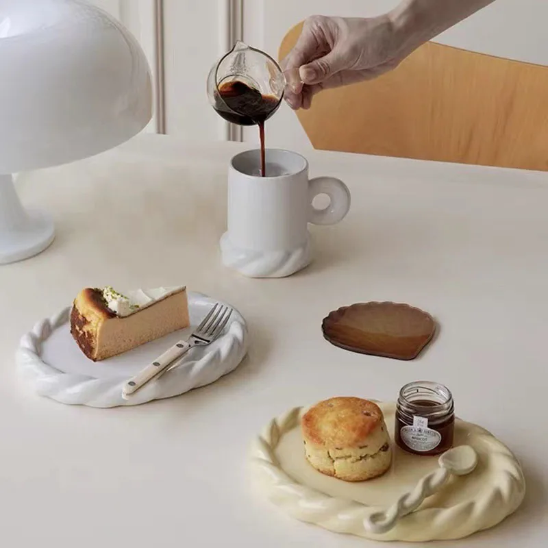 Korean Ins Simple Twist Solid Color Breakfast Milk Ceramic Mug Creative Western Food Fruit Plate Dessert Salad Tableware
