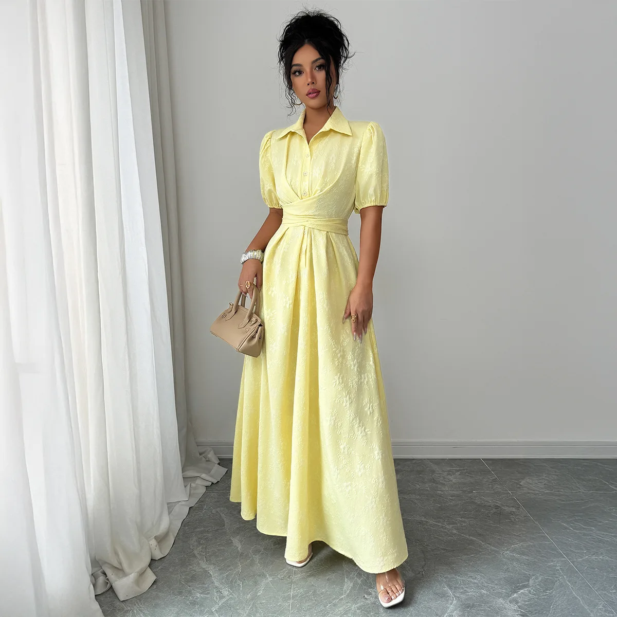 Women Elegant Puff Sleeve Shirt Dress Yellow Lapel Summer Dress Casual Chic Ladies Dress